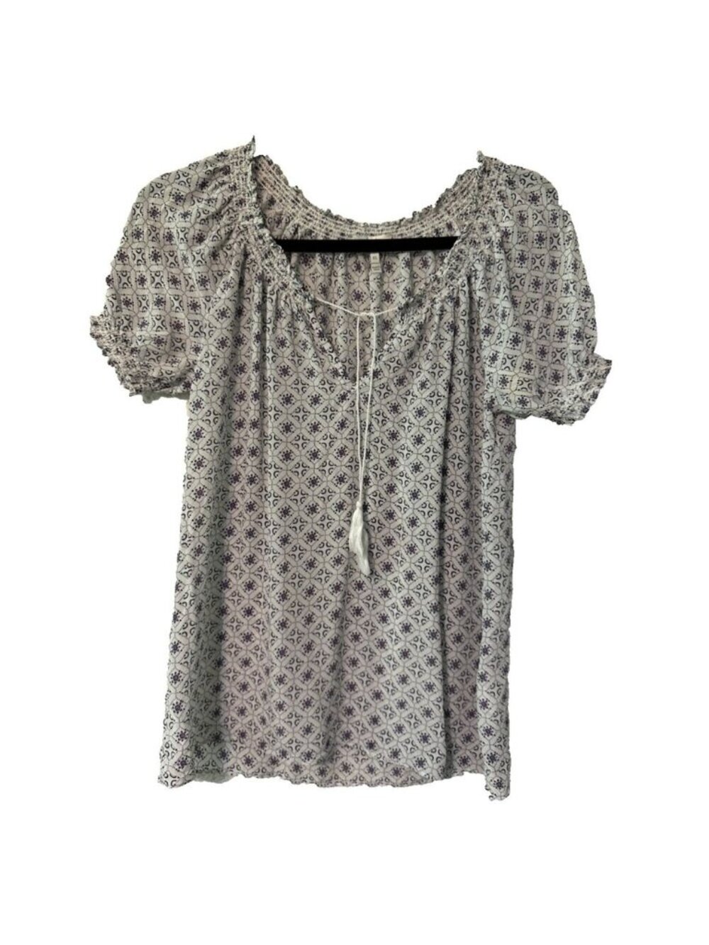 Joie Silk Medallion Smocked puff sleeve top XS - Boho Tassel Tie